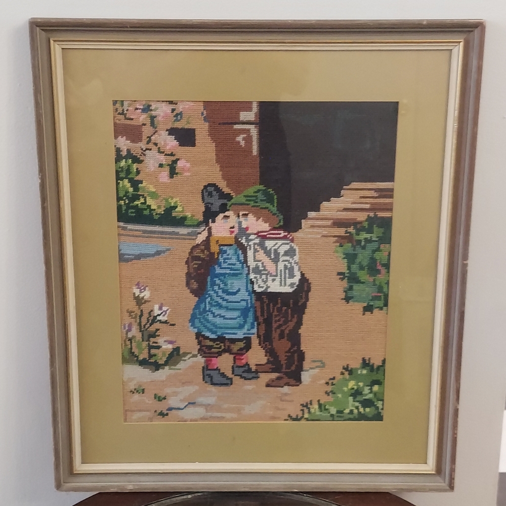 Charming Vintage Boy & Girl Children Outdoors 20"Hx23"W Framed Needlepoint Art